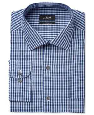 Alfani Men's Classic/regular-fit Performance Stretch Easy Care Blue Twill Check Dress Shirt, Only At Macy's