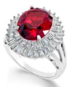 Red Glass Stone & Cubic Zirconia Double Halo Ring In Sterling Silver