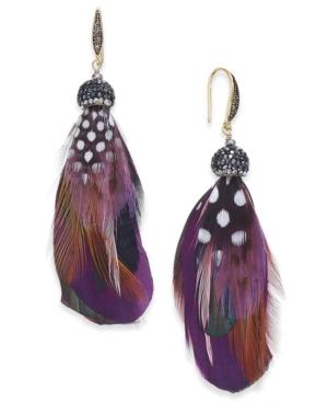Paul & Pitu Naturally Gold-tone Crystal & Colorful Feather Drop Earrings