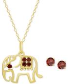 Rhodolite Garnet Elephant Pendant Necklace & Stud Earrings