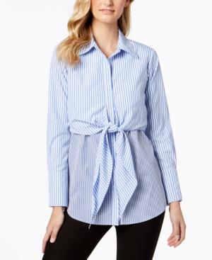 Ny Collection Poplin Mixed-stripe Tie-front Top