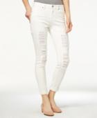 Vanilla Star Juniors' Ripped Crochet-trim White Cuffed Skinny Jeans