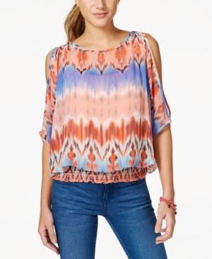 Bcx Juniors' Printed Slit-sleeve Smocked-waist Top