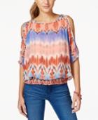 Bcx Juniors' Printed Slit-sleeve Smocked-waist Top