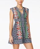 Alice Through The Looking Glass Juniors' Mixed-print Keyhole-back A-line Dress