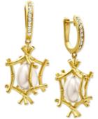Cultured Freshwater Pearl (10-1/2 X 8mm) And Diamond Accent Drop Earrings In 18k Gold-plated Sterling Silver