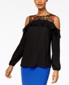 Thalia Sodi Embroidered Cold-shoulder Flounce Top, Created For Macy's