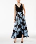 Xscape Illusion-inset Floral-print High-low Gown
