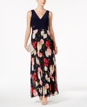 Xscape Illusion-trim Floral-print Gown