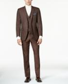 Perry Ellis Men's Slim-fit Brown Birdseye Vested Suit