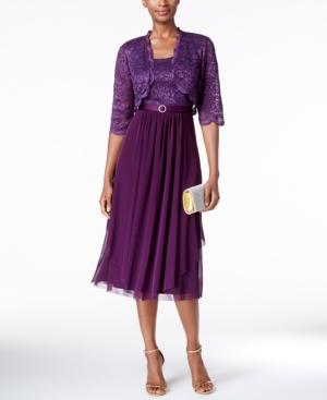 R & M Richards Petite Belted Glitter Lace Dress And Jacket