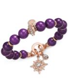 Charter Club Rose Gold-tone Semi-precious Round Purple Bead Crystal-enhanced Starburst Charm Stretch Bracelet, Only At Macy's
