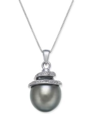 Cultured Tahitian Black Pearl (12mm) & Diamond Accent Spiral Top 18 Pendant Necklace In 14k White Gold