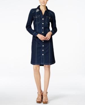 Inc International Concepts Denim Embellished Dark Wash Shirtdress, Only At Macy's
