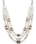 Dkny Gold-tone Colored Stone & Imitation Pearl Triple Row 16 Collar Necklace, Created For Macy's