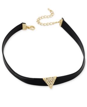 Inc International Concepts Gold-tone Pave Triangle Black Faux Leather Choker Necklace, Only At Macy's