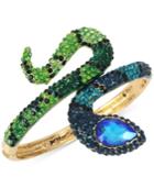 Betsey Johnson Gold-tone Blue And Green Pave Snake Hinged Bangle Bracelet