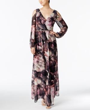 Sl Fashions Floral-print Cold-shoulder Gown