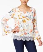 Ny Collection Printed Lace-trim Peasant Top