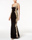 Betsy & Adam Illusion-back Embroidered Gown