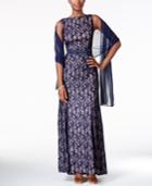 Alex Evenings Belted Sequined Lace Gown With Shawl