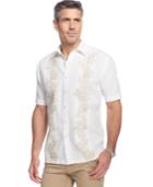 Tasso Elba Island Linen-blend Palm Printed Pintucked Shirt