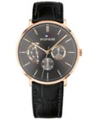 Tommy Hilfiger Men's Black Leather Strap Watch 40mm, Created For Macy's