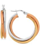 Tri-color Twist Hoop Earrings In 14k Gold, White Gold & Rose Gold
