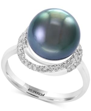 Pearl Lace By Effy Cultured Black Tahitian Pearl (11mm) And Diamond (1/4 Ct. T.w.) Ring In 14k White Gold