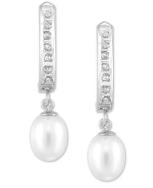 Diamond Fascination Cultured Freshwater Pearl (6mm) & Diamond Accent Dangle Hoop Earrings In 10k White Gold