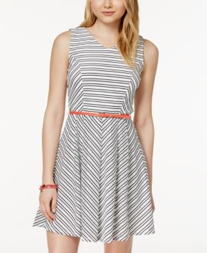 Trixxi Juniors' Striped Belted Fit & Flare Dress