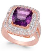 Purple Glass Stone & Cubic Zirconia Ring In 14k Rose Gold-plated Sterling Silver