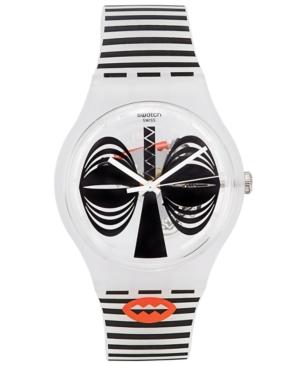 Swatch Unisex Swiss Maskara White & Black Stripe Silicone Strap Watch 41mm Suow122