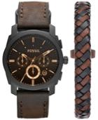 Fossil Men's Chronograph Machine Brown Leather Strap Watch & Bracelet Box Set 42mm Fs5251set