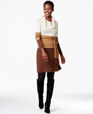 Ny Collection Belted Cowl-neck Colorblock Sweater Dress
