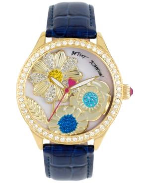 Betsey Johnson Women's Gold-tone Dimensional Flower Blue Leather Strap Watch 42mm Bj00517-13