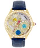 Betsey Johnson Women's Gold-tone Dimensional Flower Blue Leather Strap Watch 42mm Bj00517-13