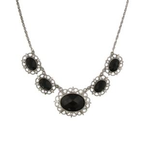 2028 Silver-tone Black Stone And Crystal 5-oval Collar Necklace 16 Adjustable