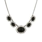 2028 Silver-tone Black Stone And Crystal 5-oval Collar Necklace 16 Adjustable