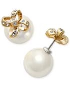 Kate Spade New York Gold-tone Imitation Pearl And Pave Bow Reversible Front And Back Earrings