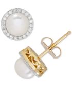 Freshwater Pearl (5mm) & Diamond (1/8 Ct. T.w.) Stud Earrings In 14k Gold