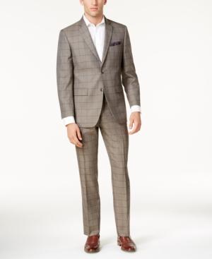 Perry Ellis Men's Slim-fit Taupe Windowpane Suit