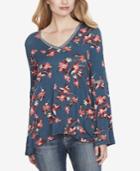 Jessica Simpson Juniors' Printed Bell-sleeve Lace-trim Top