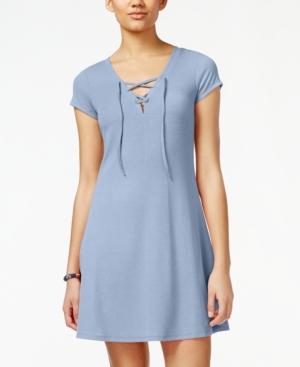 Ikeddi Juniors' Lace-up Rib-knit T-shirt Dress