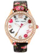 Betsey Johnson Women's Rose Gold-tone Floral-printed Strap Watch 42mm Bj00131-63