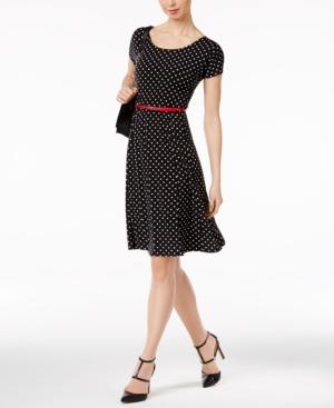 Ny Collection Dot-print Belted Fit & Flare Dress