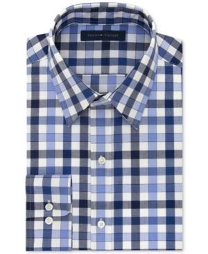 Tommy Hilfiger Nadal Collection Men's Fitted Flex Collar Persian Blue Check Performance Dress Shirt