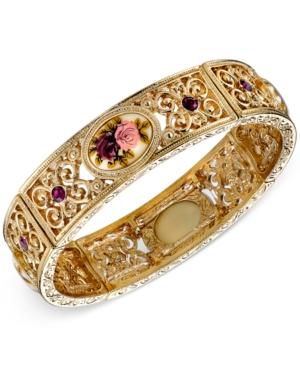 2028 Bracelet Gold-tone Floral And Crystal Filigree Stretch Bracelet