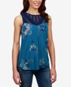 Lucky Brand Floral-print Lace-yoke Shell