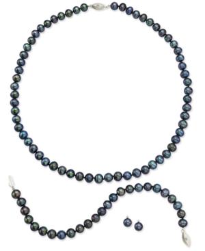 Sterling Silver Jewelry Set, Black Cultured Freshwater Pearl And Diamond Accent Earrings, Necklace And Bracelet